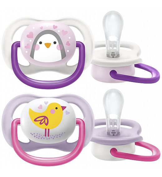 Avent SCF080/06 tolažilna duda - silikon Ultra air, 0-6m, Ž, Pingvin/Ptica, 2/1