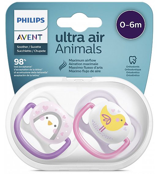 Avent SCF080/06 tolažilna duda - silikon Ultra air, 0-6m, Ž, Pingvin/Ptica, 2/1