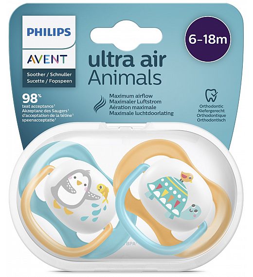 Avent SCF080/07 tolažilna duda - silikon ultra air, 6-18m, m, pingvin/želva, 2/1