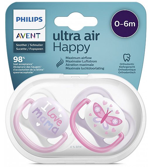 Avent SCF080/02 tolažilna duda - silikon ultra air, 0-6m, ž, mama/metulj, 2/1 Avent